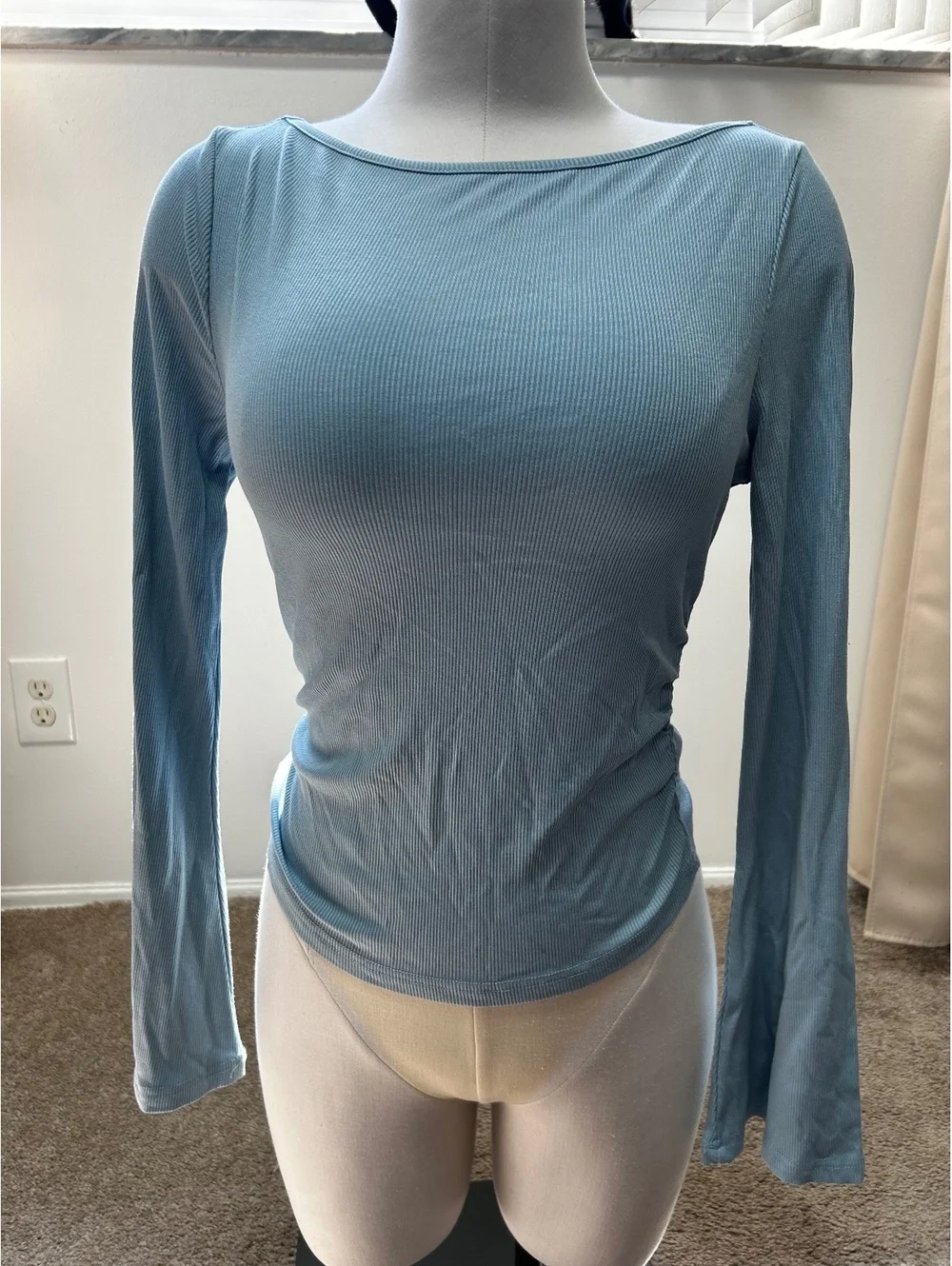 PrettyGarden Women's Medium Blue Ribbed Long Sleeve Boat Neck Top